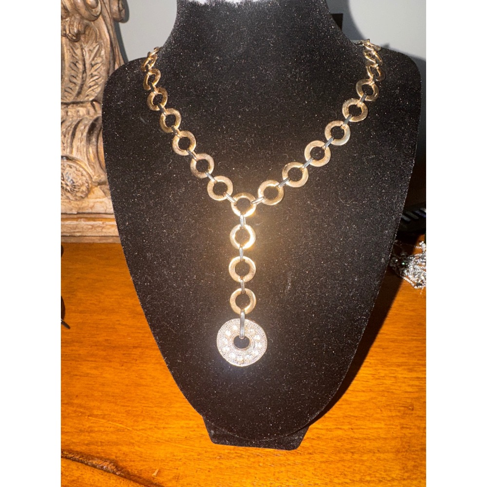 Gold Tone Circle Link Y Necklace‎ Rhinestone Pendant Statement Jewelry